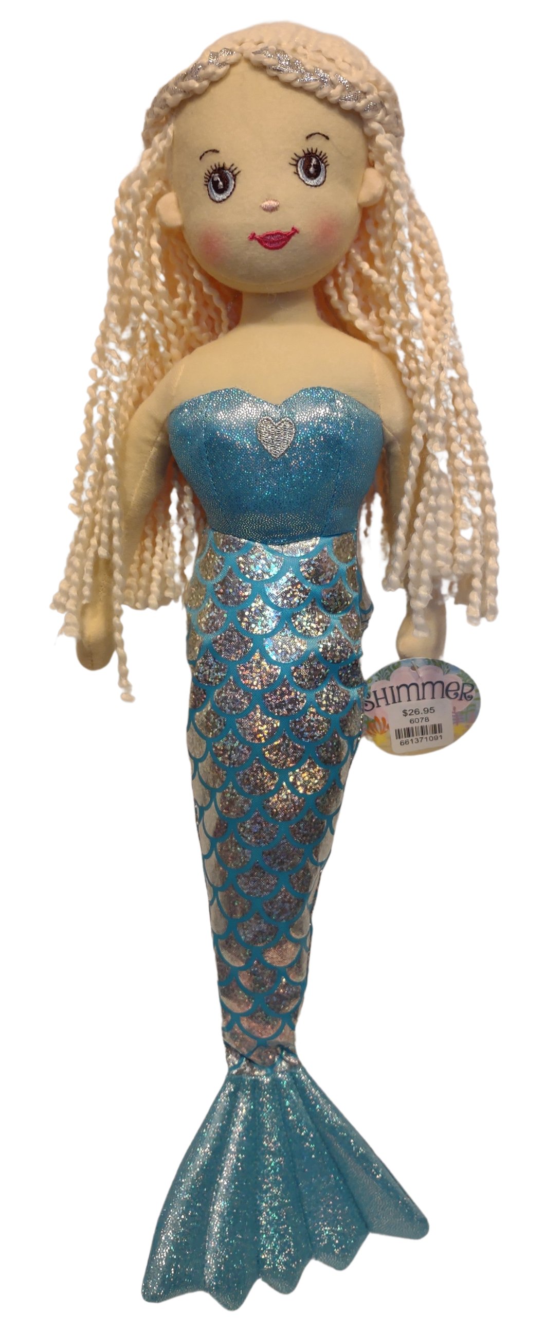 Plush Mermaid Doll with Light Pink Hair & Blue Tail 17