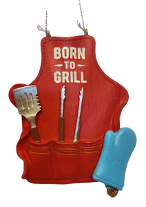 Red Apron Ornament - Born to Grill-  Resin 3.5"
