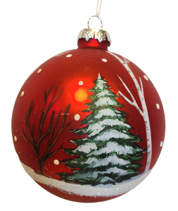 Glass Woodland Scenic Red Ball Ornament 4"