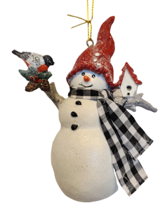 Snowman Ornament with Bird House/Bird & Gingham Scarf/Red Hat 5" Resin