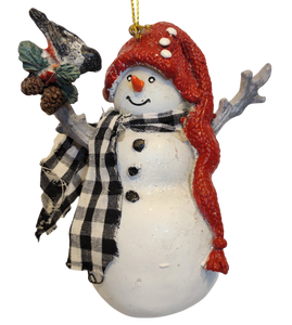Snowman Ornament with Bird & Gingham Scarf/Red Hat 5" Resin