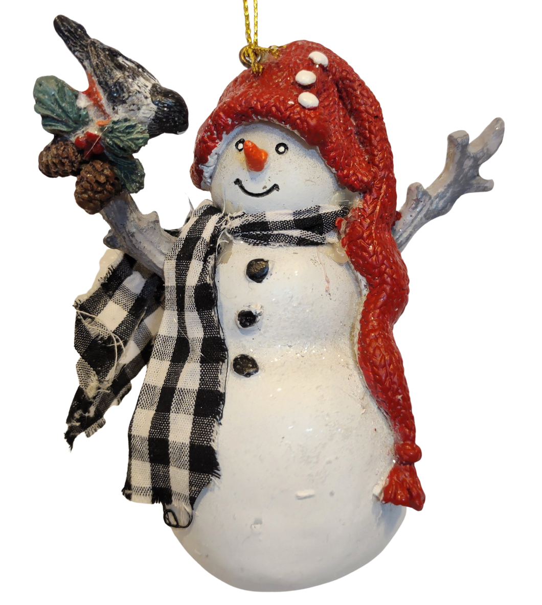 Snowman Ornament with Bird & Gingham Scarf/Red Hat 5