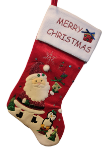 Red Velvet Santa Stocking with Santa/Toys/Presents - Merry Christmas- 19"