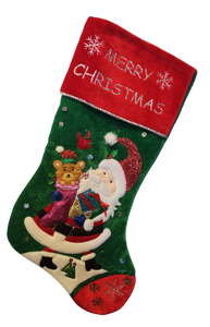Red/Green Velvet Santa Stocking with Santa/Toys/Presents - Merry Christmas- 19"