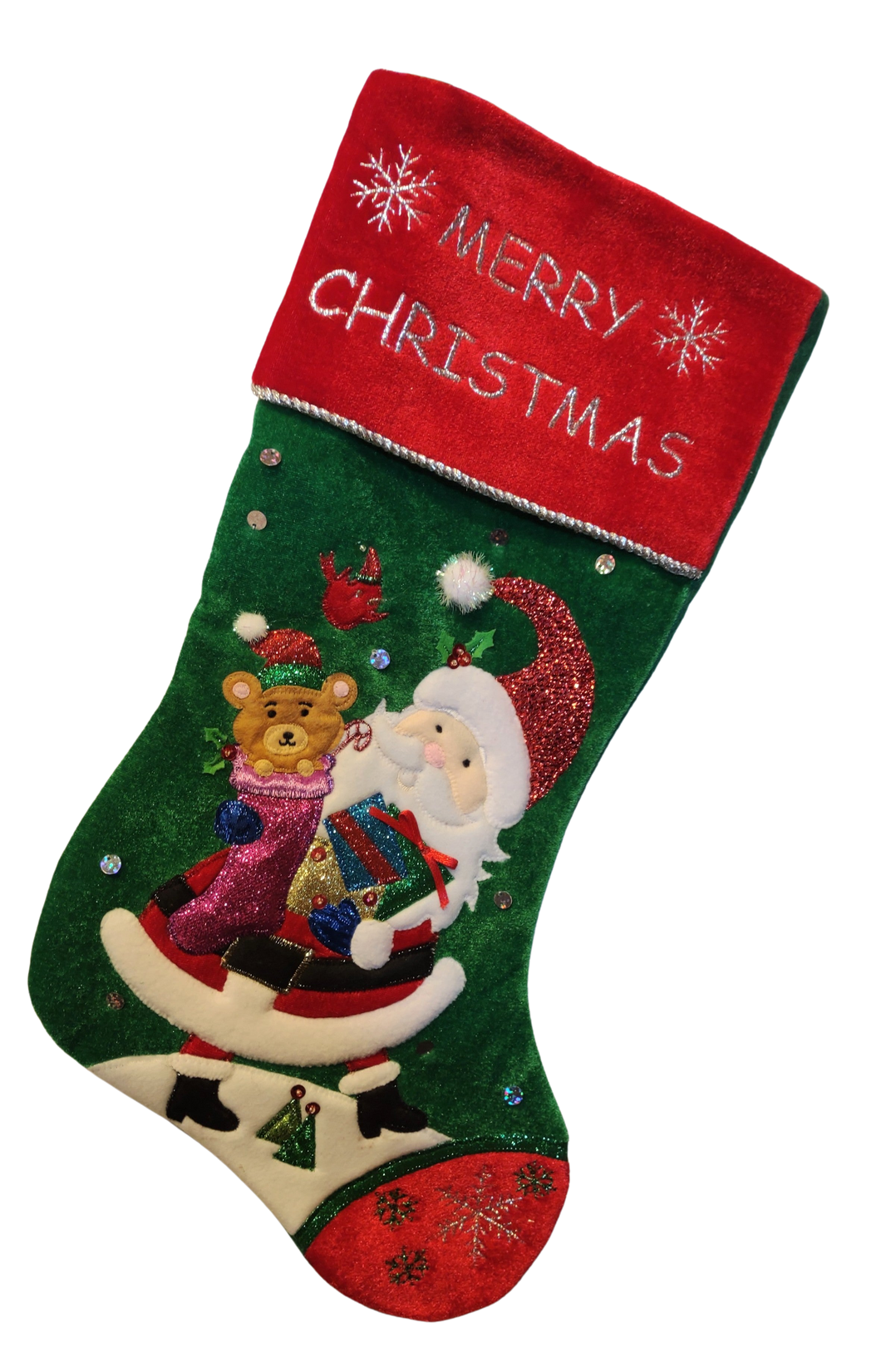 Red/Green Velvet Santa Stocking with Santa/Toys/Presents - Merry Christmas- 19
