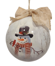 Load image into Gallery viewer, Decoupage White Winter Scene Ornament with Snowman/Red Bird - Seasons Greetings 4&quot;
