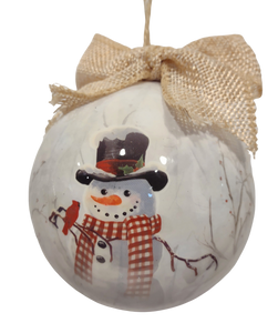 Decoupage White Winter Scene Ornament with Snowman/Red Bird - Seasons Greetings 4"