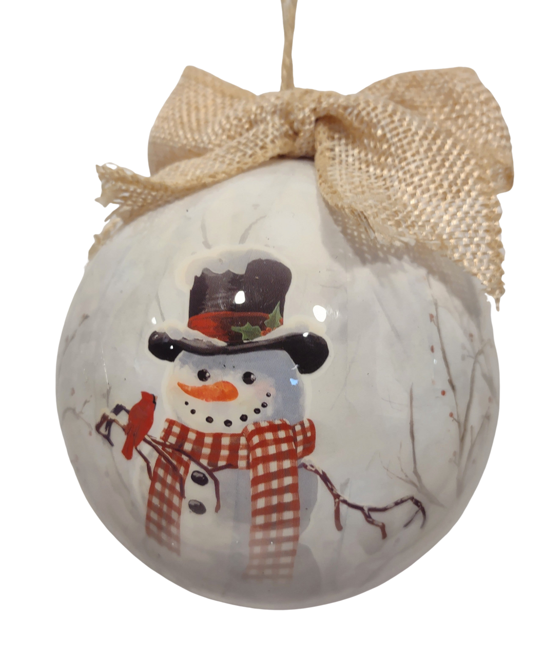 Decoupage White Winter Scene Ornament with Snowman/Red Bird - Seasons Greetings 4