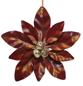 Metal Burgundy Flower Ornament with Silver Bells 6"