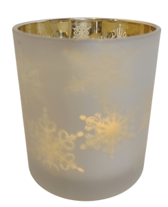 Glass Gold/White Votive Holder with Snowflakes  3"