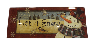 Glass & Wooden Sign with Winter Scene & Snowman - Let It Snow- 9.5"x4"