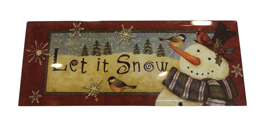Glass & Wooden Sign with Winter Scene & Snowman - Let It Snow- 9.5