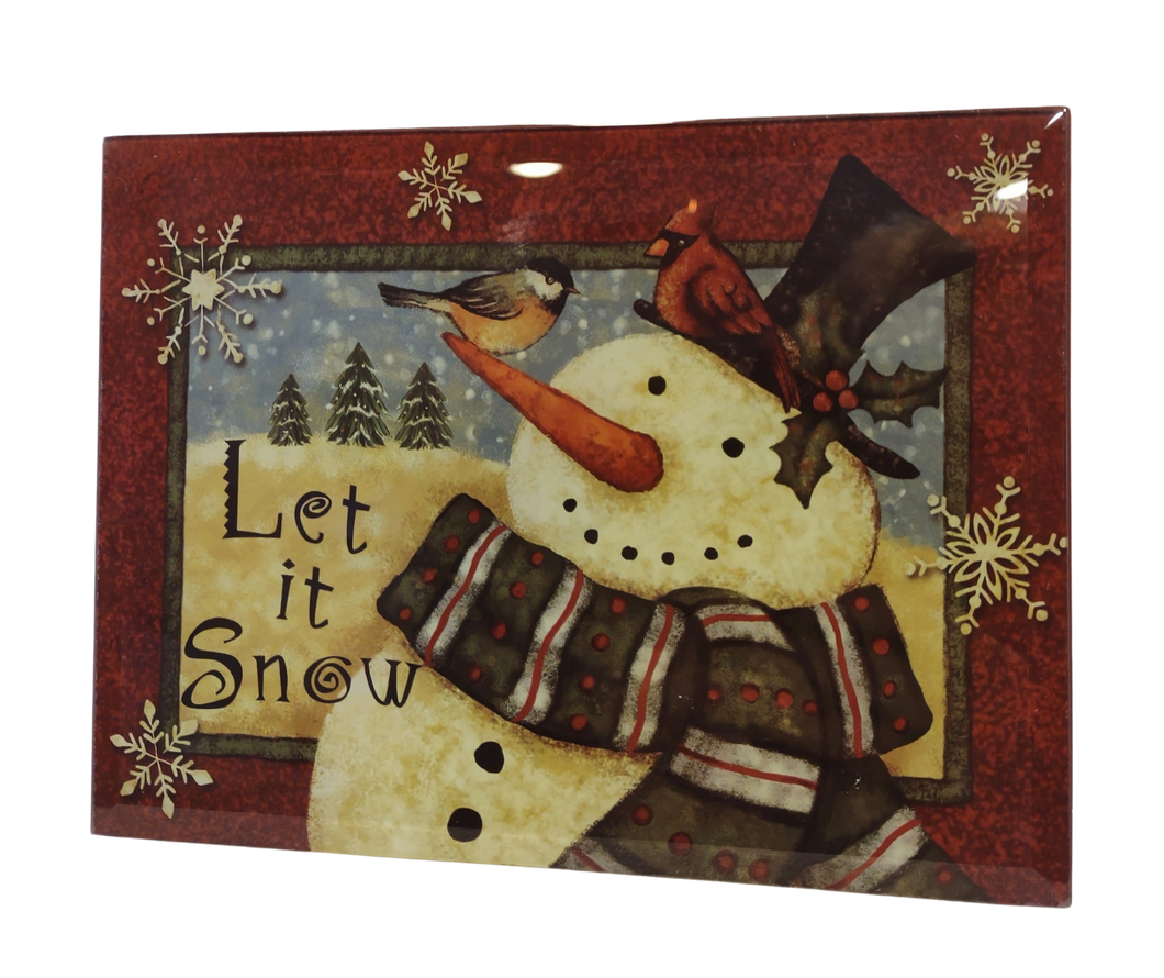 Glass & Wooden Sign with Winter Scene & Snowman - Let It Snow- 8