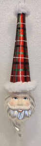 Glass Santa Head Ornament with Tall Red Plaid Hat 10"