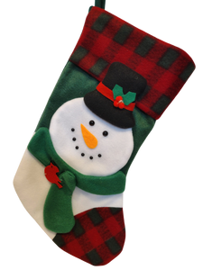 Plush Snowman Stocking with Black Hat/Green Scarf/Red Bird  15"