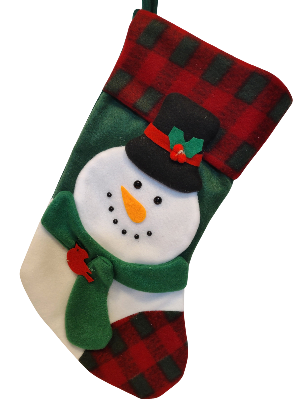 Plush Snowman Stocking with Black Hat/Green Scarf/Red Bird  15