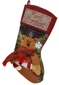 Burlap Reindeer Stocking with Red Scarf & Candy Cane- Merry Christmas 18"