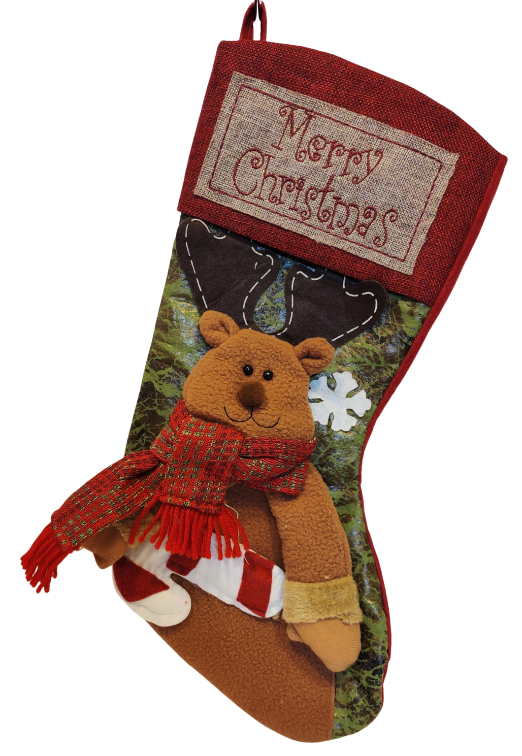 Burlap Reindeer Stocking with Red Scarf & Candy Cane- Merry Christmas 18