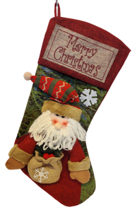 Burlap Santa Stocking with Red & Green Hat & Burlap Sack Of Berries - Merry Christmas