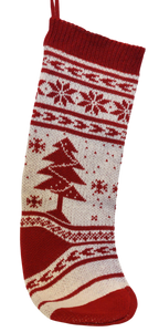 White/Red Knitted Stocking with Red Christmas Tree & Snowflakes 18"