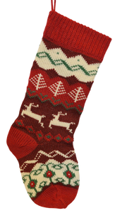 Red/Burgundy/Green Knitted Stocking with Reindeer 20"