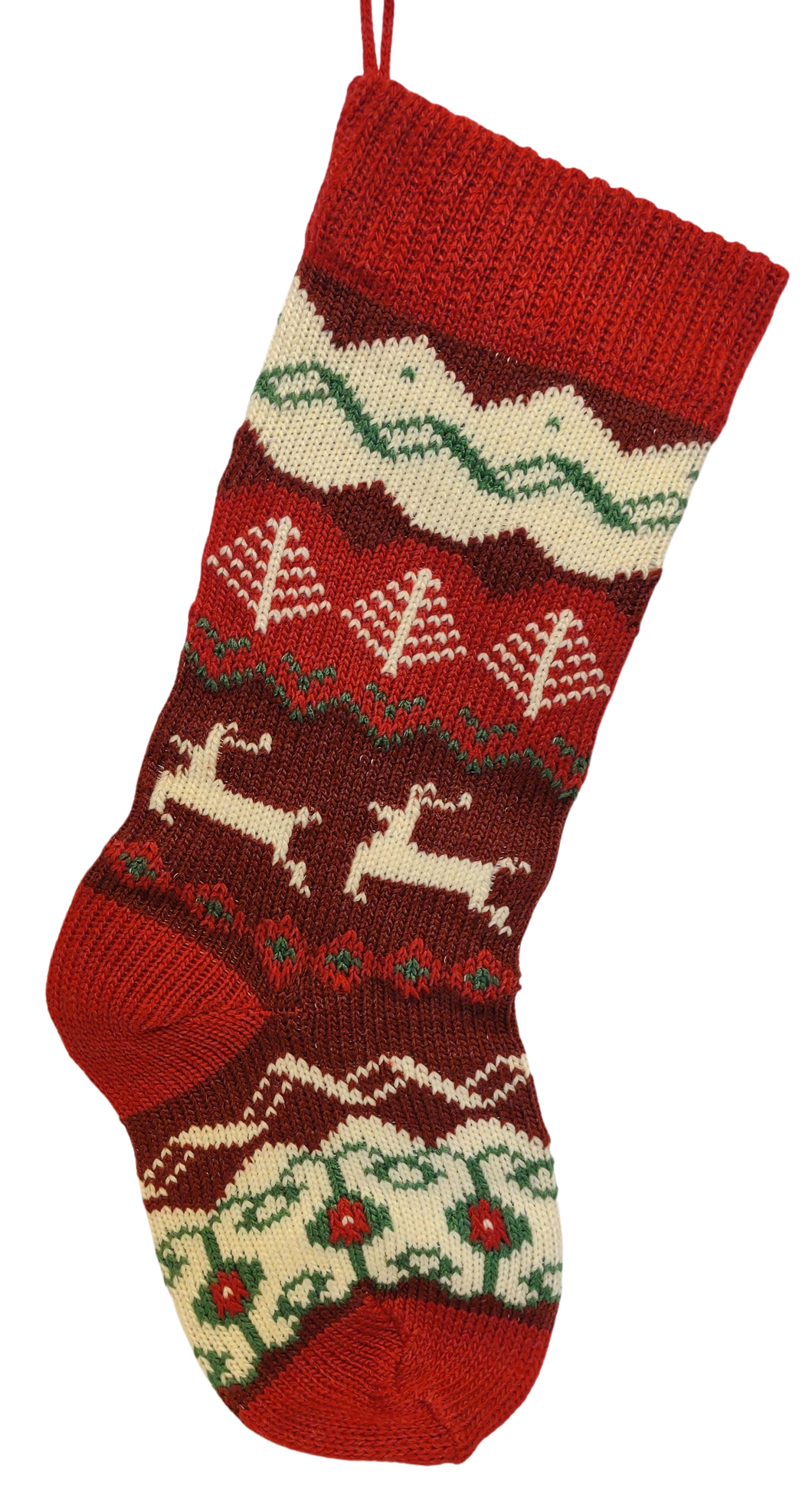 Red/Burgundy/Green Knitted Stocking with Reindeer 20