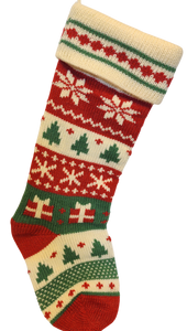 Red/Green/White Heavy Knit Stocking with Snowflakes/Trees/Presents 20"