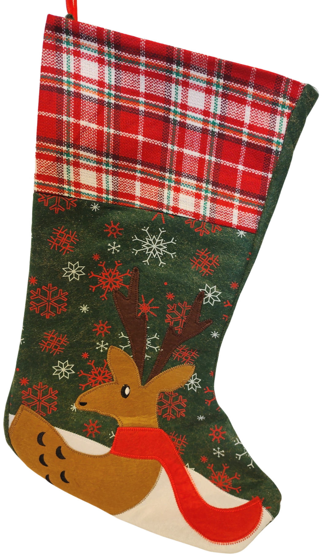 Reindeer with Red Scarf Green Felt Stocking 18