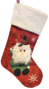 Santa with Plaid Hat and Snowflakes Red Stocking 19"