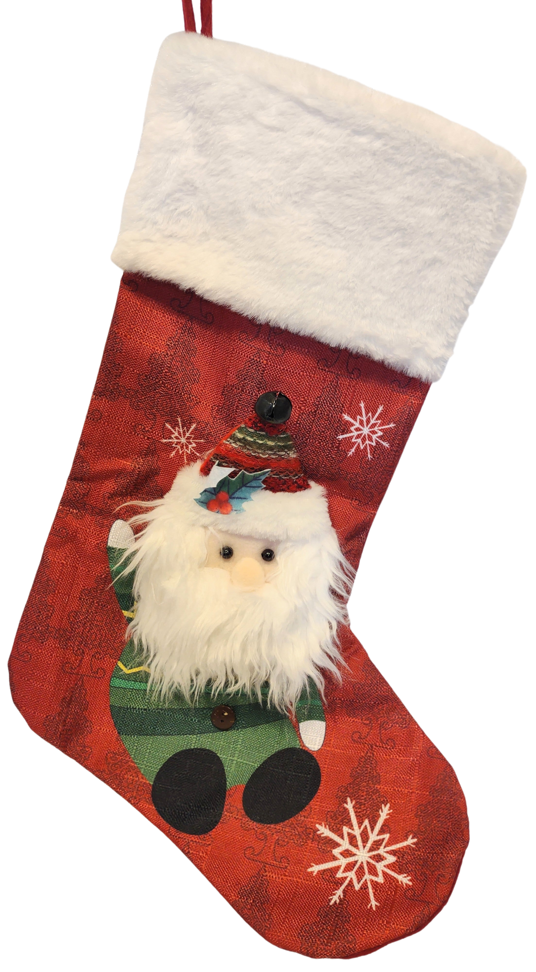 Santa with Plaid Hat and Snowflakes Red Stocking 19