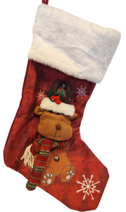 Reindeer with Plaid Scarf and Hat and Snowflakes Red Stocking 19"