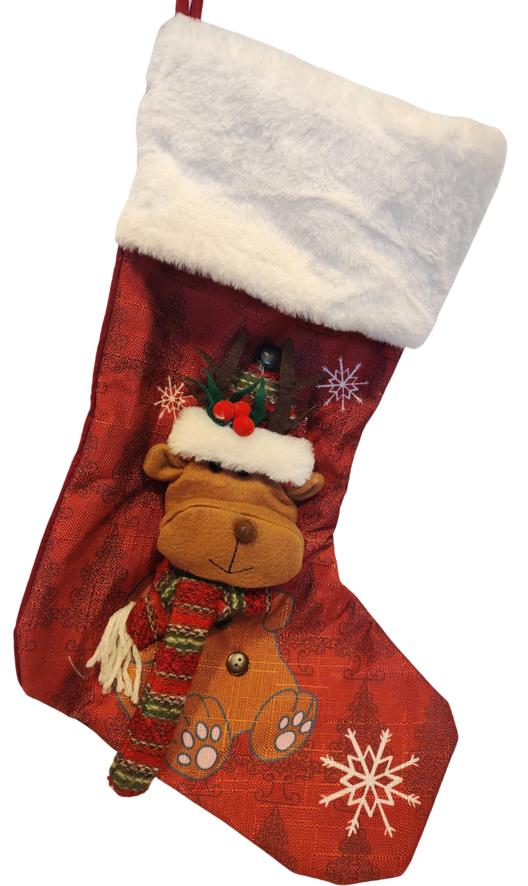 Reindeer with Plaid Scarf and Hat and Snowflakes Red Stocking 19