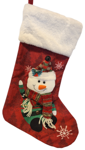 Snowman with Plaid Scarf and Hat and Snowflakes Red Stocking 19"