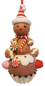 Clay dough Gingerbread Man Sitting on a Cupcake Ornament 3.5"