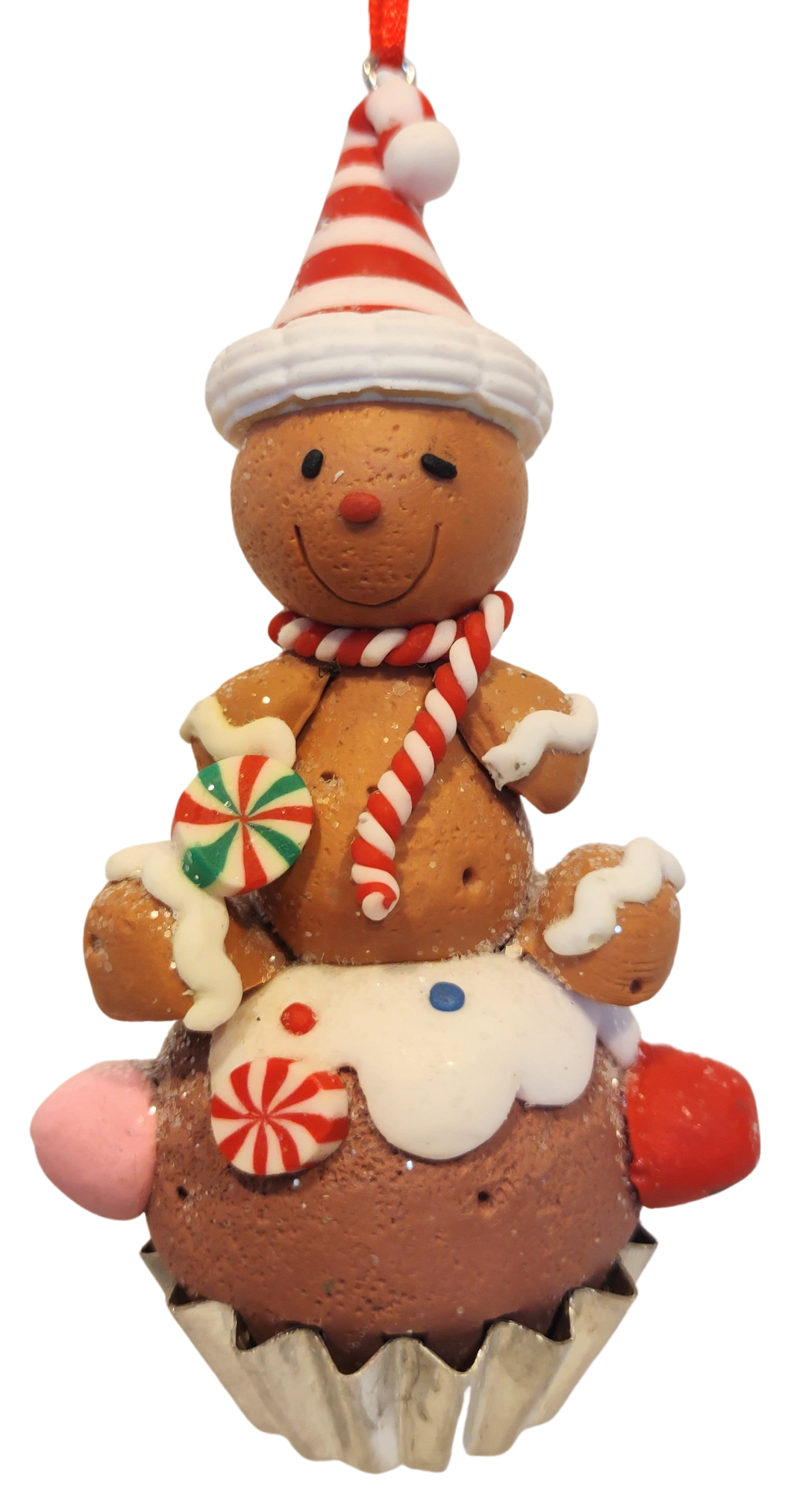 Clay dough Gingerbread Man Sitting on a Cupcake Ornament 3.5