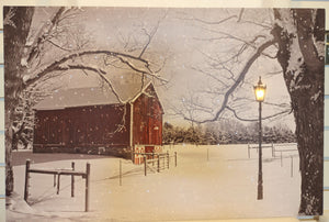 Winter Scene Canvas Print with Red Barn & Lamp Post 24"x16"