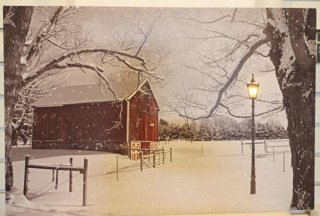 Winter Scene Canvas Print with Red Barn & Lamp Post 24