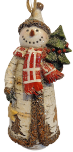 Birch Snowman with Red Scarf Holding Christmas Tree Ornament 5"