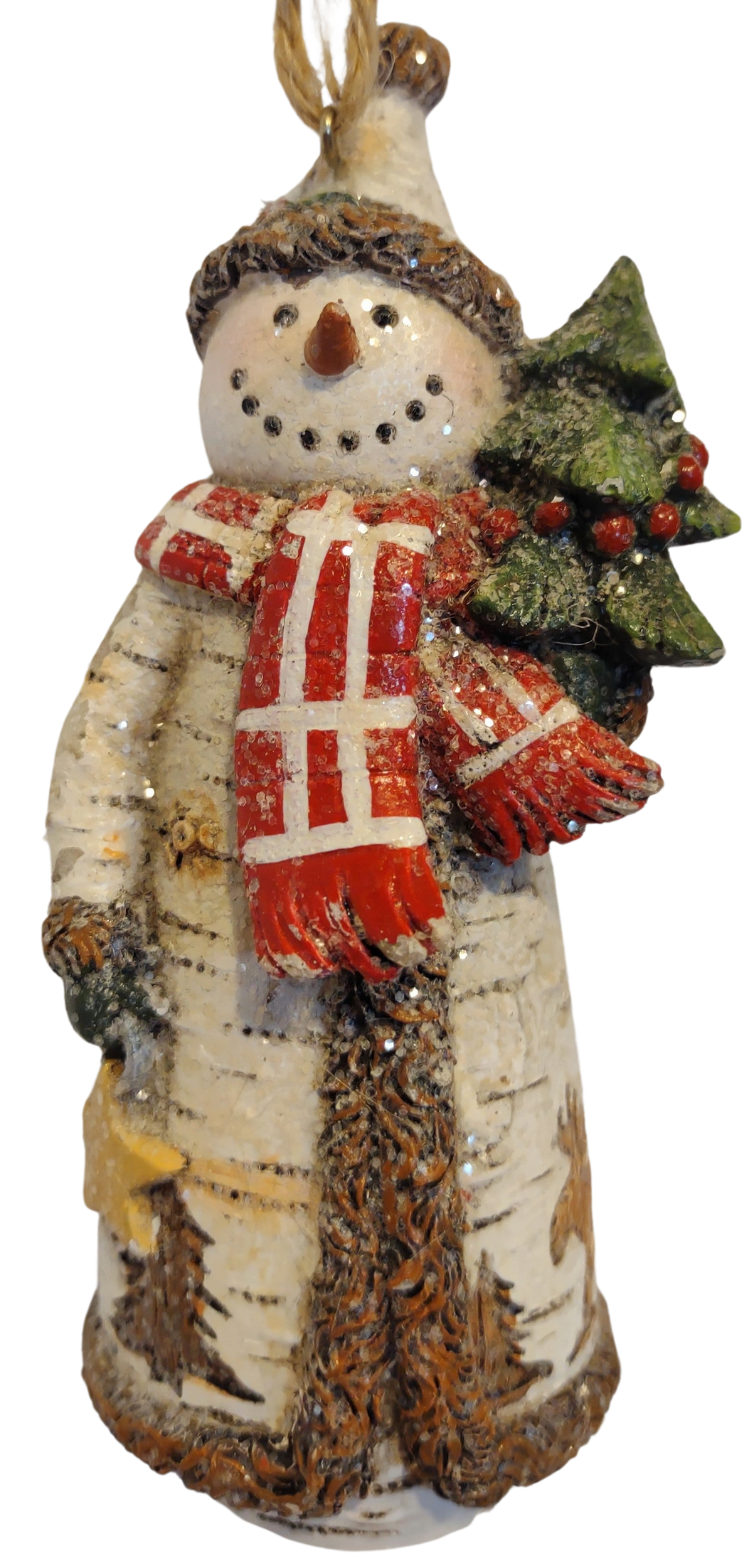 Birch Snowman with Red Scarf Holding Christmas Tree Ornament 5