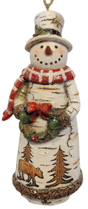 Birch Snowman with Red Scarf Holding Christmas Wreath Ornament 5"