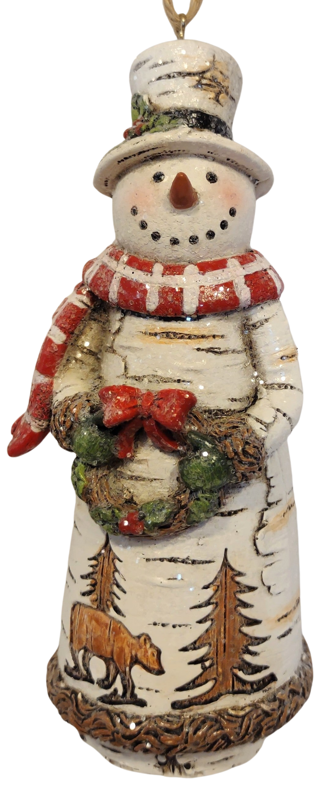 Birch Snowman with Red Scarf Holding Christmas Wreath Ornament 5