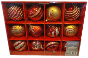 Twelve Shatterproof Ornaments-Box Set- Red/Gold 3"