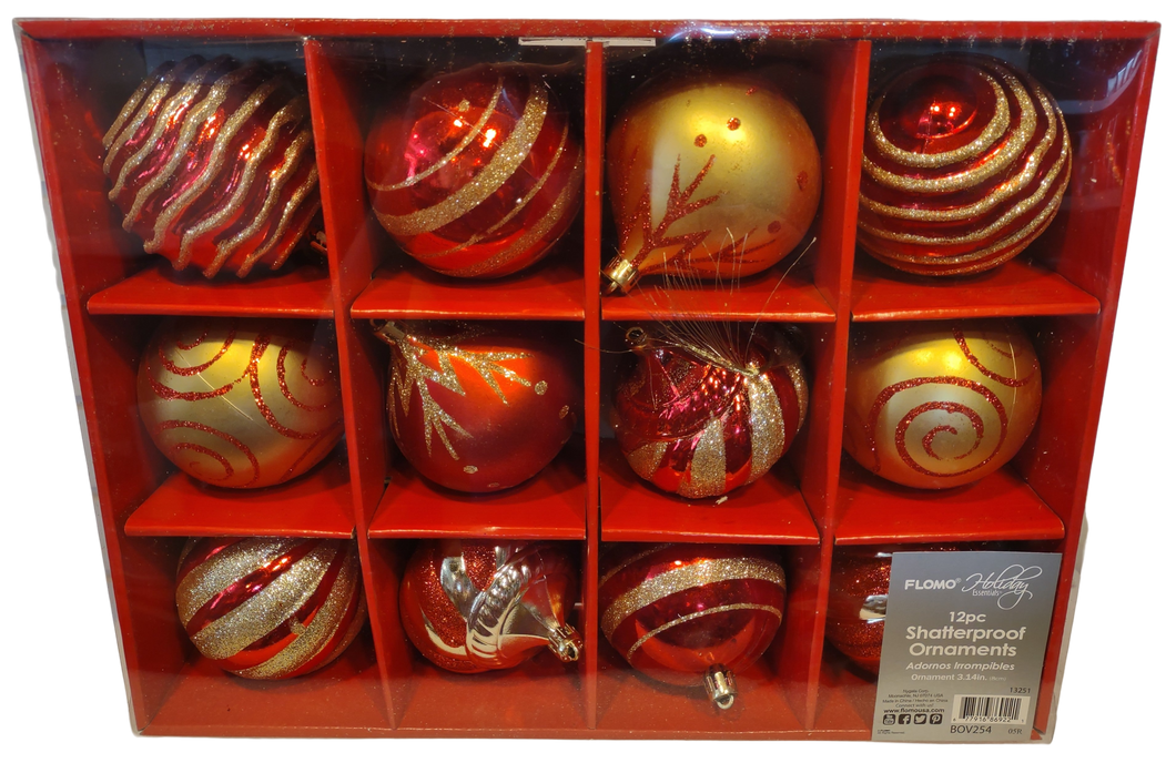 Twelve Shatterproof Ornaments-Box Set- Red/Gold 3