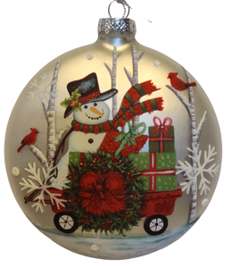 Glass Hand Painted Snowman Ornament with Winter Scene/Red Truck/Presents