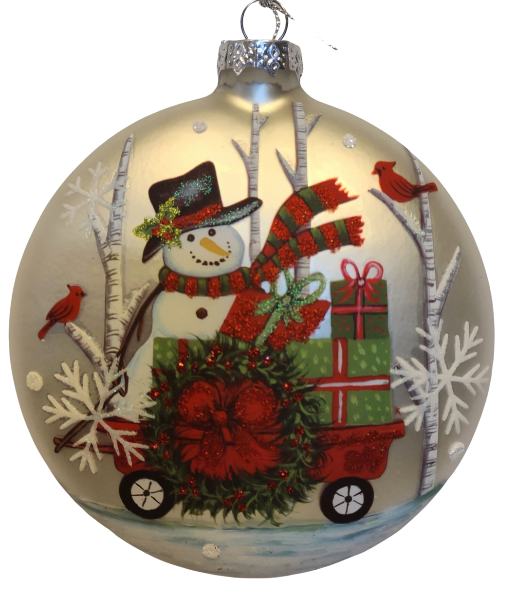 Glass Hand Painted Snowman Ornament with Winter Scene/Red Truck/Presents