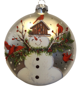 Glass Hand Painted Snowman Ornament with Winter Scene/Red Cardinals/Bird House