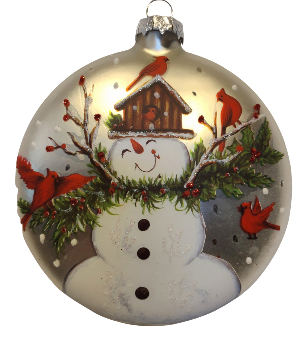 Glass Hand Painted Snowman Ornament with Winter Scene/Red Cardinals/Bird House