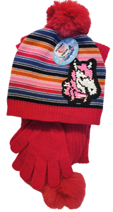 Girl's 3 Piece Unicorn Stripe Hat, Glove & Scarf Set - Assorted Colors, Youth Size