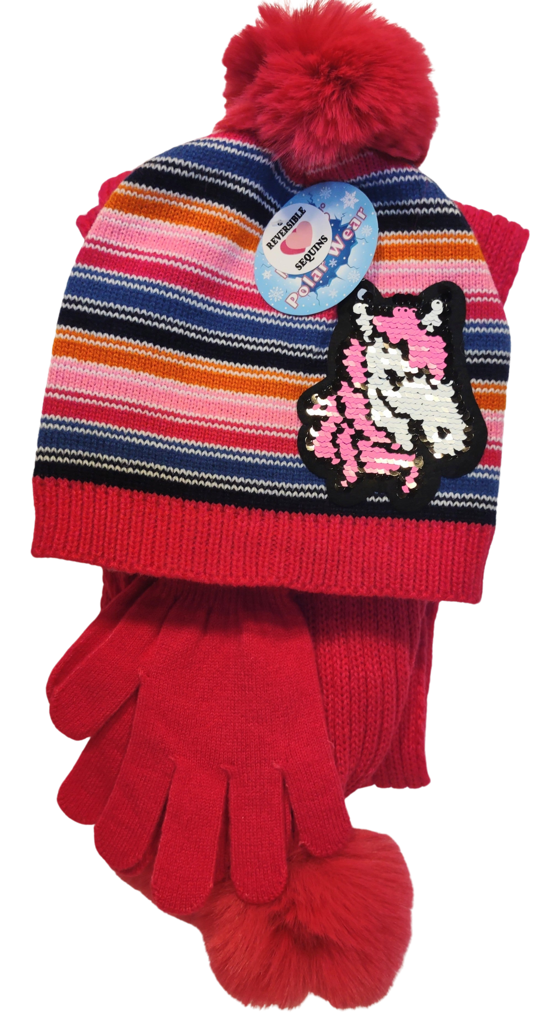 Girl's 3 Piece Unicorn Stripe Hat, Glove & Scarf Set - Assorted Colors, Youth Size