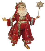 Load image into Gallery viewer, Resin Regal Red Santa with Gold Glitter Holding Assorted Topped Staff 5.5&quot;
